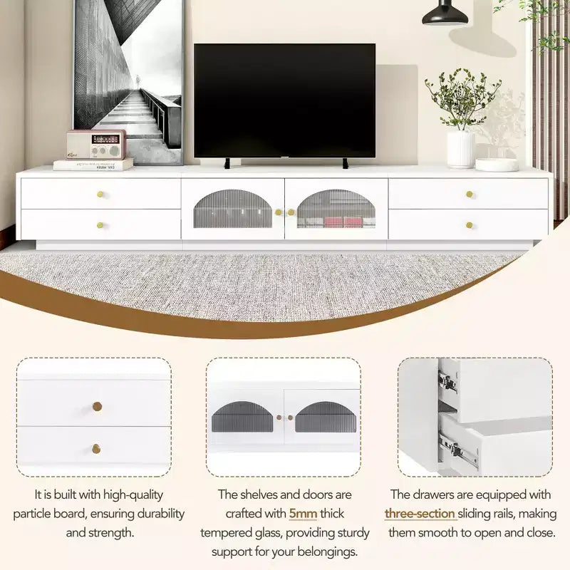 Mobile TV di lusso con anta in vetro scanalato, consolle multimediale elegante e pratica per TV fino a 90 pollici - ModernLuxe