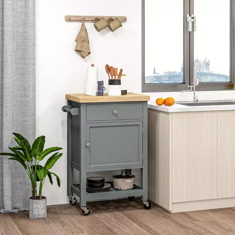 Carrello da Cucina HOMCOM, Isola da Cucina con Ruote e Piano in Legno di Gomma, Stretto Carrello da Macellaio su Ruote con Cassetto e Armadietto