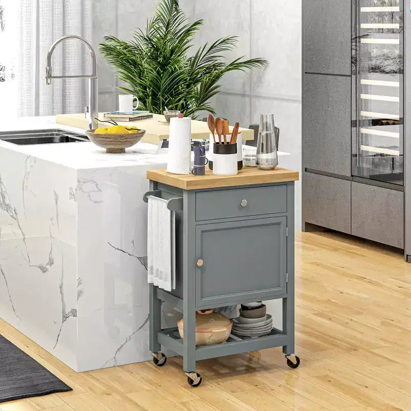 Carrello da Cucina HOMCOM, Isola da Cucina con Ruote e Piano in Legno di Gomma, Stretto Carrello da Macellaio su Ruote con Cassetto e Armadietto