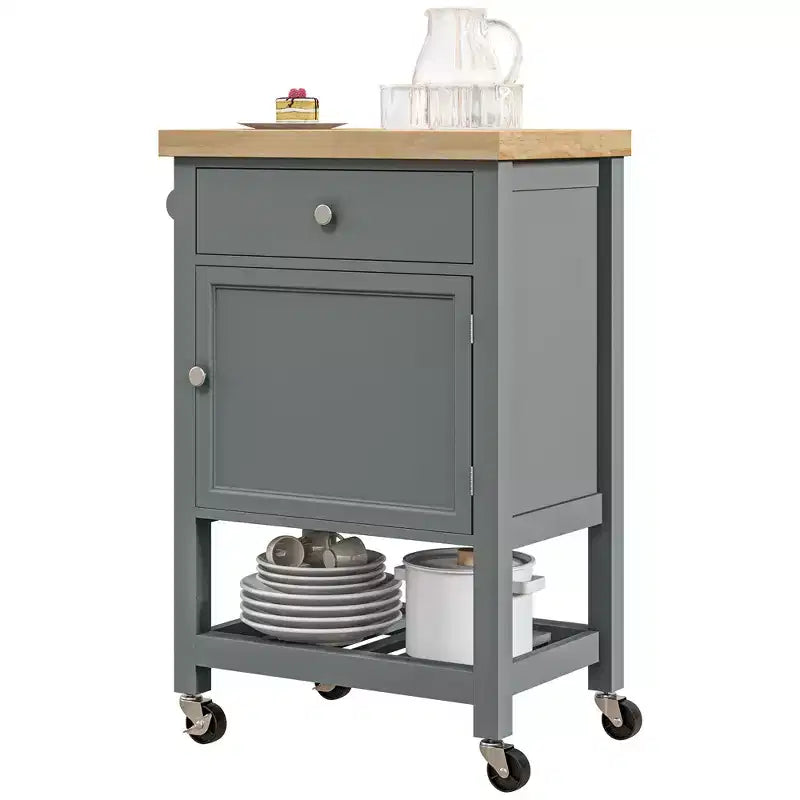 Carrello da Cucina HOMCOM, Isola da Cucina con Ruote e Piano in Legno di Gomma, Stretto Carrello da Macellaio su Ruote con Cassetto e Armadietto