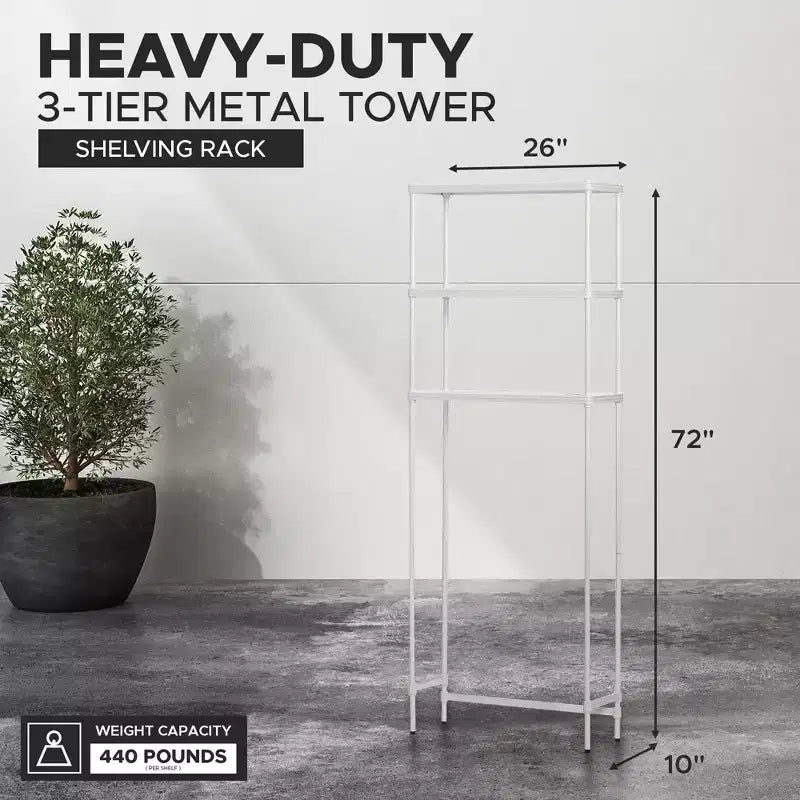 Design Ideas MeshWorks Scaffale da bagno a torre a 3 ripiani in metallo a dimensioni complete per organizzazione sopra il water, 26 x 9.8 x 70.3, Bianco