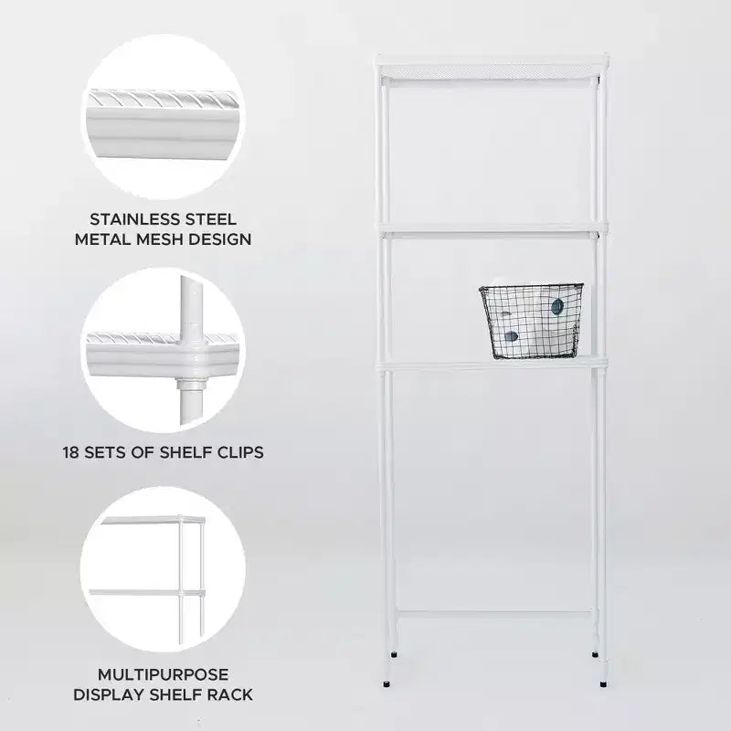 Design Ideas MeshWorks Scaffale da bagno a torre a 3 ripiani in metallo a dimensioni complete per organizzazione sopra il water, 26 x 9.8 x 70.3, Bianco