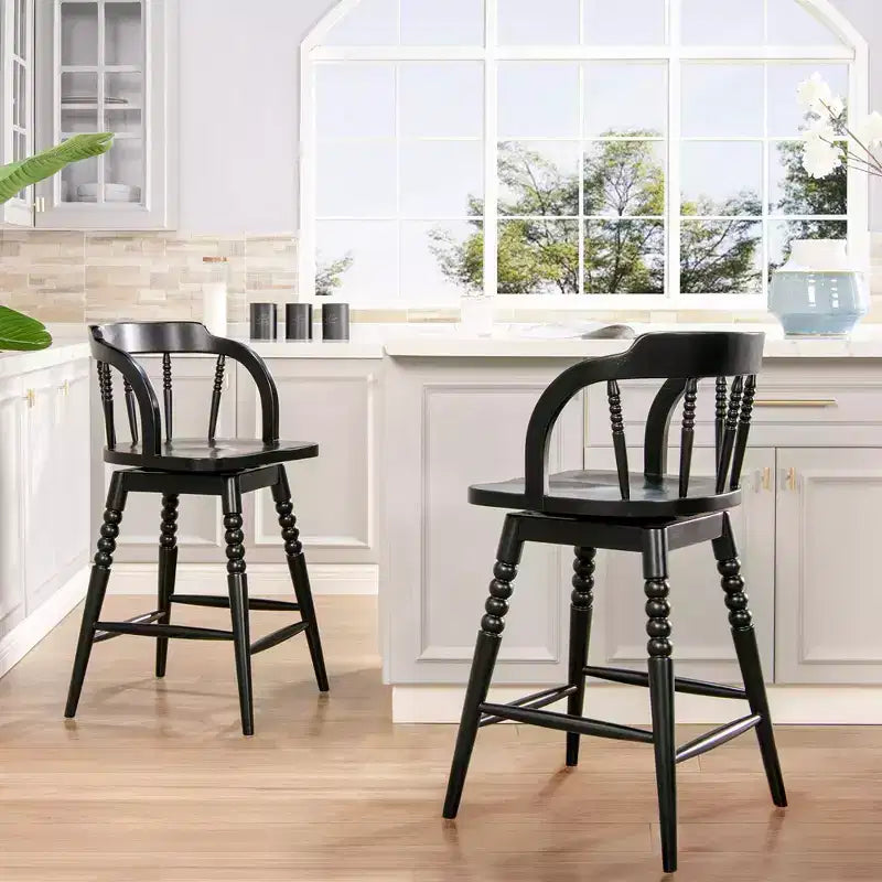 Sgabello da bancone basso in legno Jennifer Taylor Home Breda 25.5 con fusello a bolle tornito, schienale basso, nero