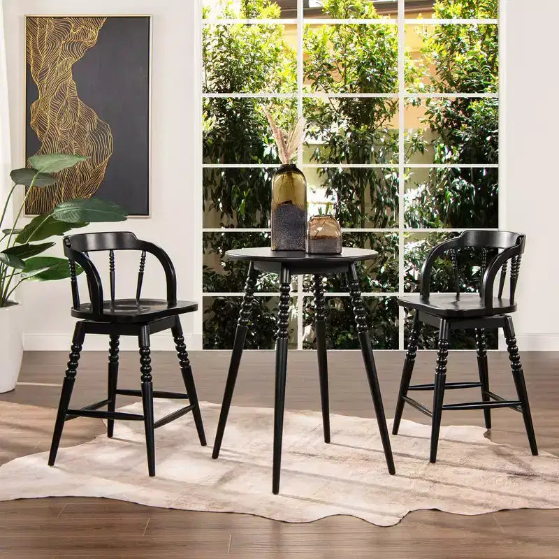 Sgabello da bancone basso in legno Jennifer Taylor Home Breda 25.5 con fusello a bolle tornito, schienale basso, nero