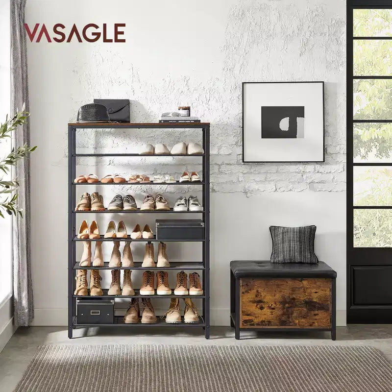 Scarpiera a 8 Ripiani, Organizzatore di Scarpe, per 32-40 Paia di Scarpe, Grande Organizer Scarpiera con 7 Ripiani in Rete Metallica, Marrone Rustico e Nero