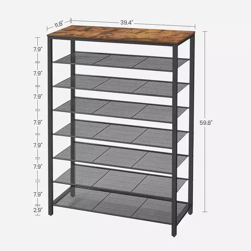 Scarpiera a 8 Ripiani, Organizzatore di Scarpe, per 32-40 Paia di Scarpe, Grande Organizer Scarpiera con 7 Ripiani in Rete Metallica, Marrone Rustico e Nero