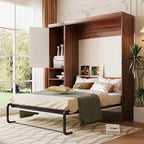 Full/Twin Size Murphy Bed Wall Bed with Cabinet, White+Walnut-ModernLuxe