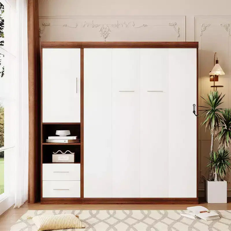 Letto a scomparsa matrimoniale/singolo con armadio, bianco+noce-ModernLuxe