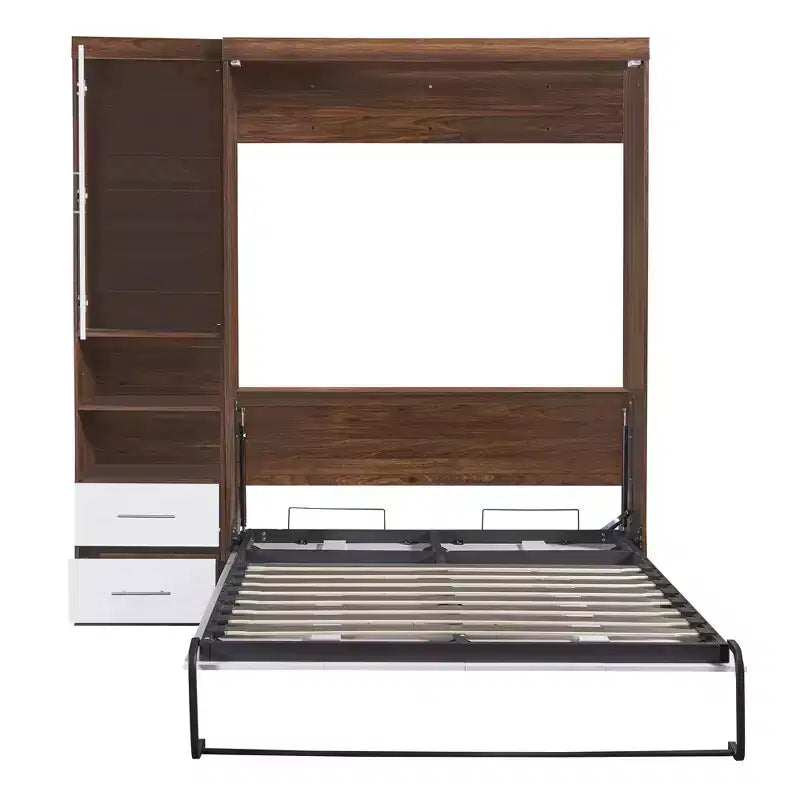 Letto a scomparsa matrimoniale/singolo con armadio, bianco+noce-ModernLuxe
