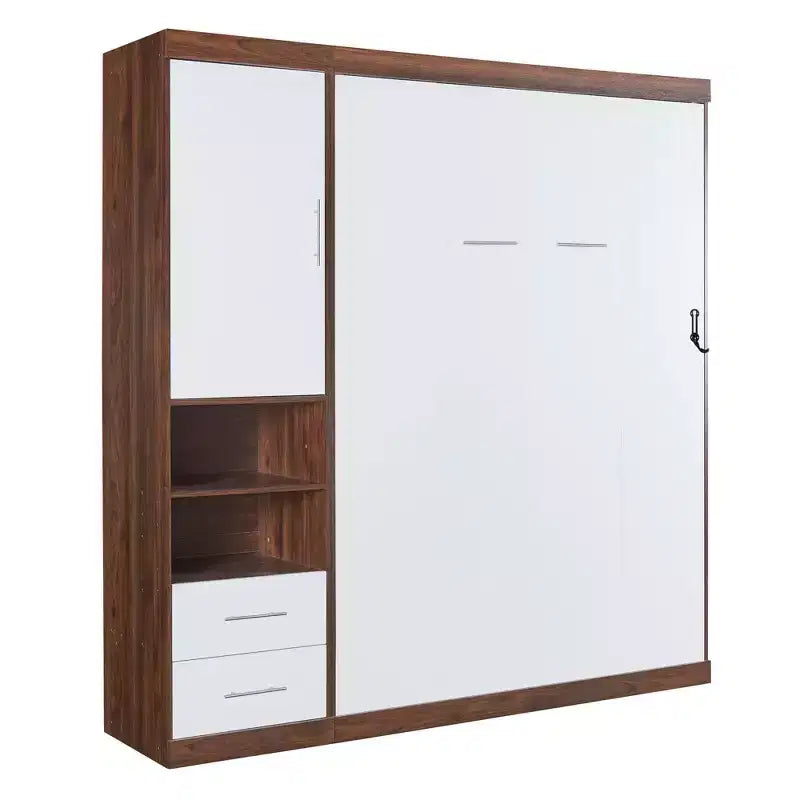 Letto a scomparsa matrimoniale/singolo con armadio, bianco+noce-ModernLuxe