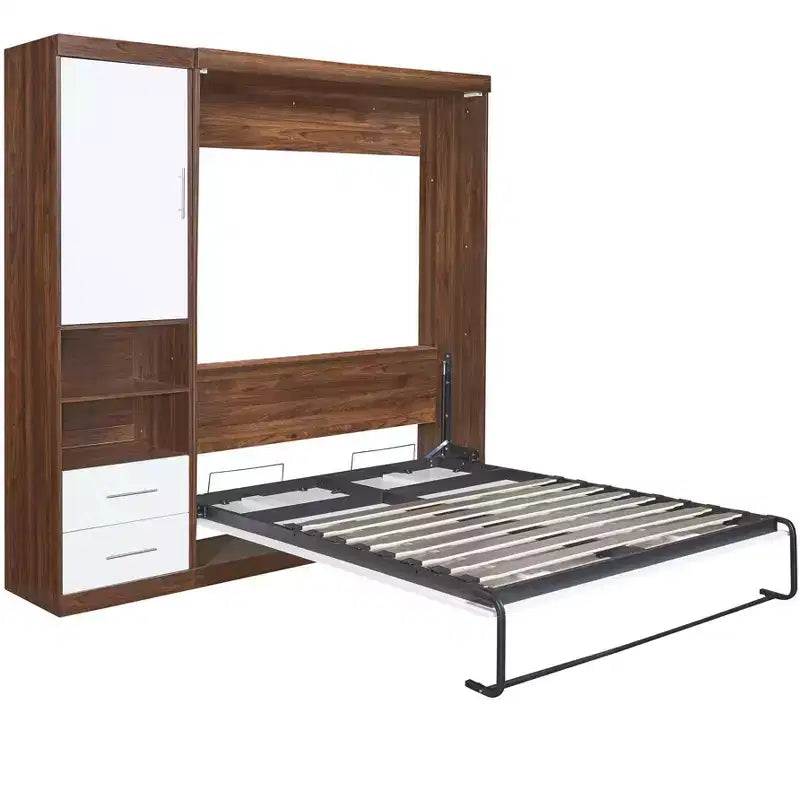 Letto a scomparsa matrimoniale/singolo con armadio, bianco+noce-ModernLuxe
