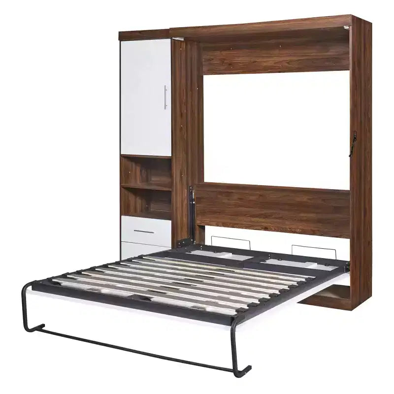 Letto a scomparsa matrimoniale/singolo con armadio, bianco+noce-ModernLuxe