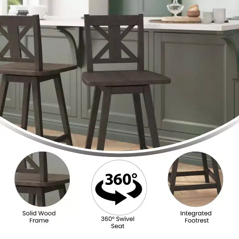 Sgabello da pranzo girevole in legno stile rustico moderno Emma e Oliver con schienale intagliato decorativo