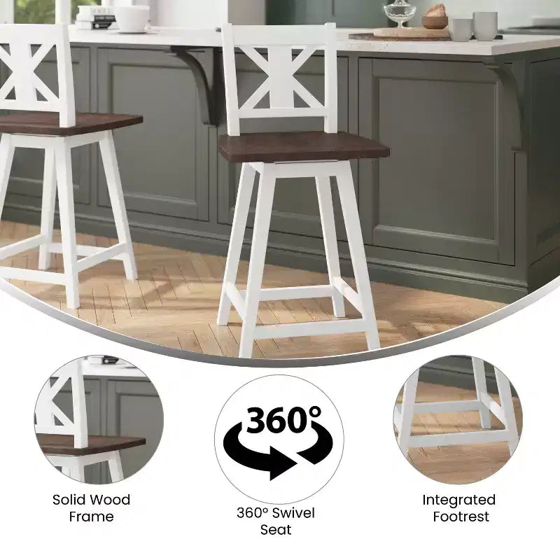 Sgabello da pranzo girevole in legno stile rustico moderno Emma e Oliver con schienale intagliato decorativo