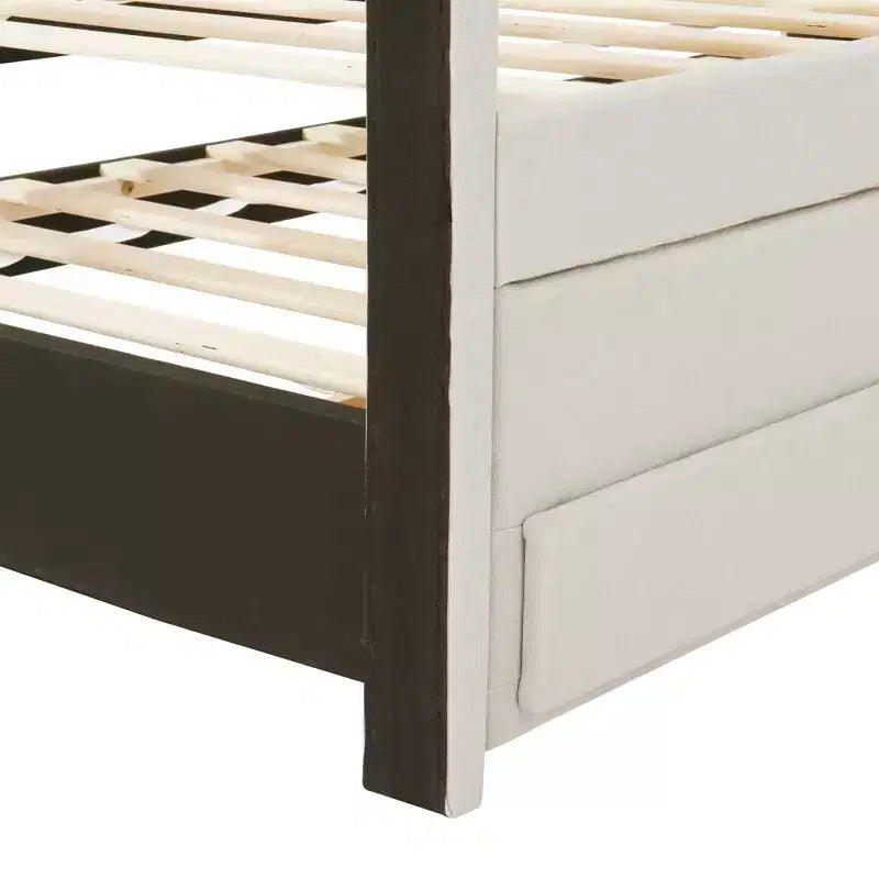 Letto a piattaforma matrimoniale/una piazza e mezza, struttura in legno imbottita con letto estraibile singolo e 3 cassetti - ModernLuxe