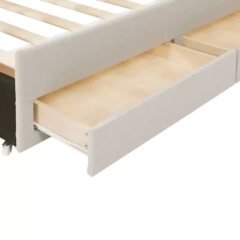 Letto a piattaforma matrimoniale/una piazza e mezza, struttura in legno imbottita con letto estraibile singolo e 3 cassetti - ModernLuxe