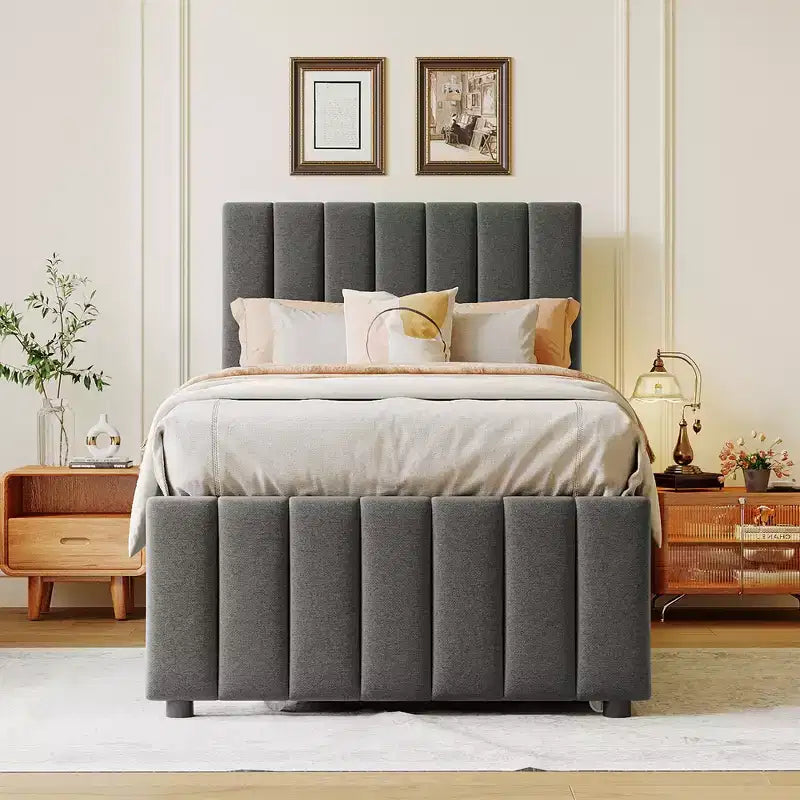 Letto a piattaforma matrimoniale/una piazza e mezza, struttura in legno imbottita con letto estraibile singolo e 3 cassetti - ModernLuxe