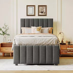 Letto a piattaforma matrimoniale/una piazza e mezza, struttura in legno imbottita con letto estraibile singolo e 3 cassetti - ModernLuxe