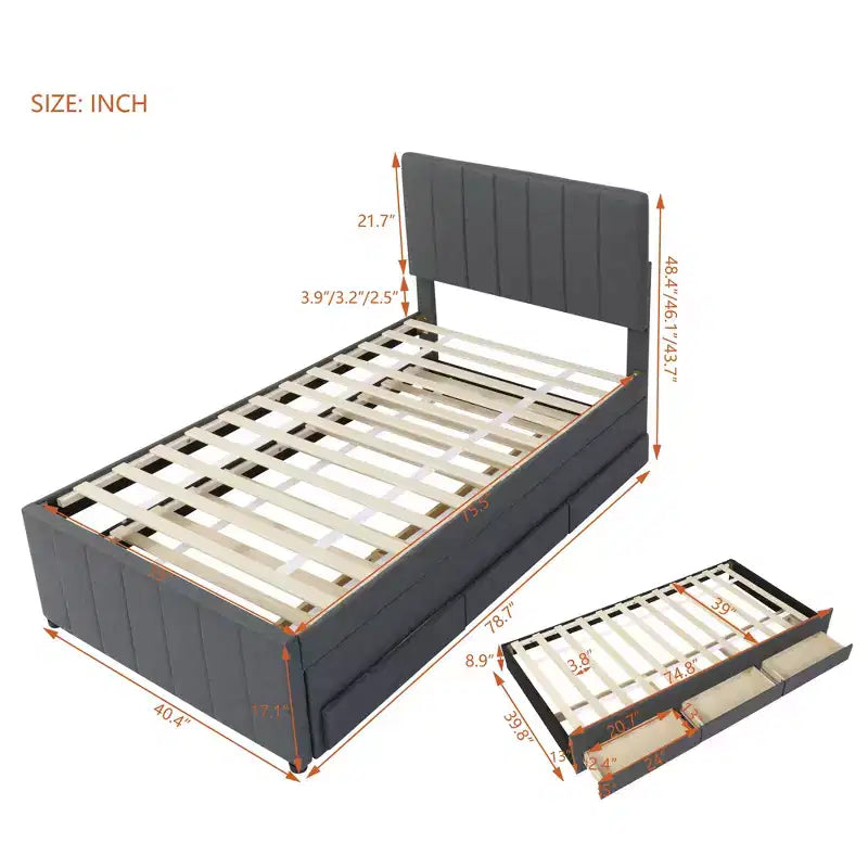 Letto a piattaforma matrimoniale/una piazza e mezza, struttura in legno imbottita con letto estraibile singolo e 3 cassetti - ModernLuxe
