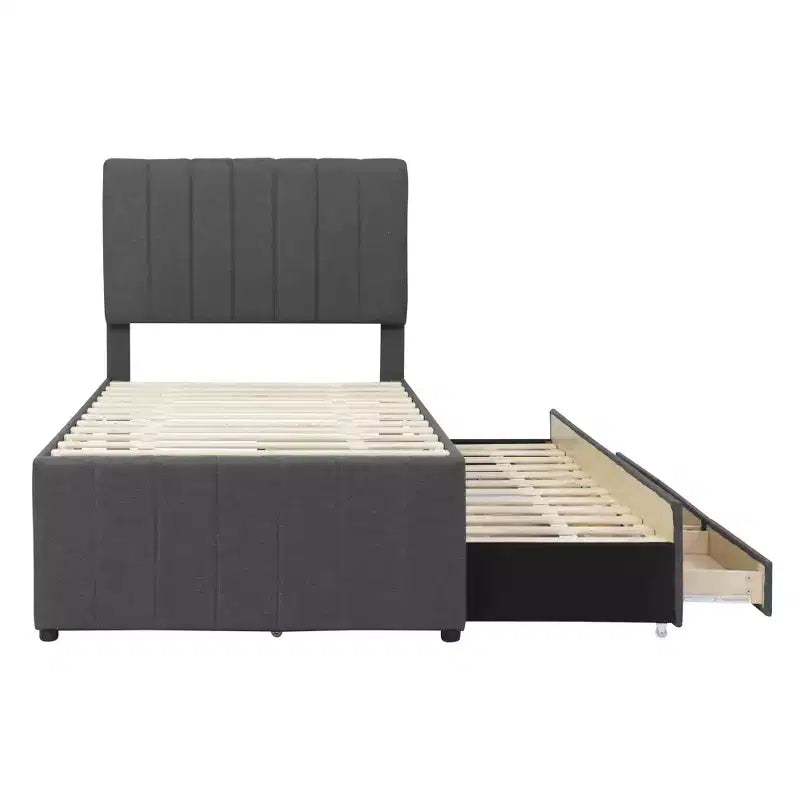 Letto a piattaforma matrimoniale/una piazza e mezza, struttura in legno imbottita con letto estraibile singolo e 3 cassetti - ModernLuxe