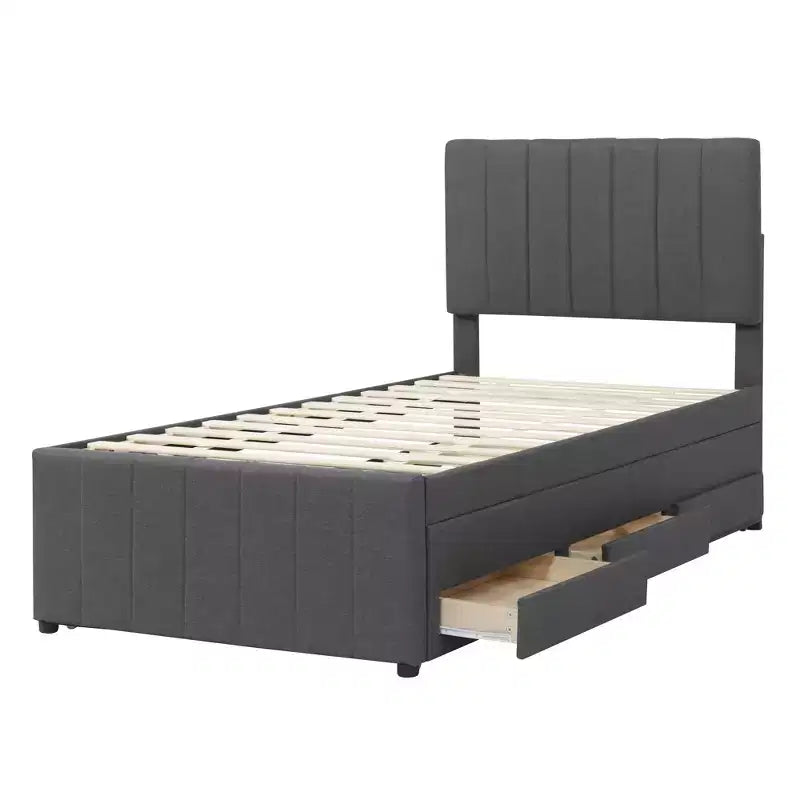 Letto a piattaforma matrimoniale/una piazza e mezza, struttura in legno imbottita con letto estraibile singolo e 3 cassetti - ModernLuxe