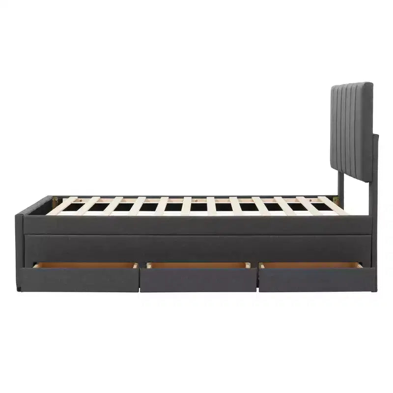Letto a piattaforma matrimoniale/una piazza e mezza, struttura in legno imbottita con letto estraibile singolo e 3 cassetti - ModernLuxe