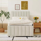 Letto a piattaforma matrimoniale/una piazza e mezza, struttura in legno imbottita con letto estraibile singolo e 3 cassetti - ModernLuxe