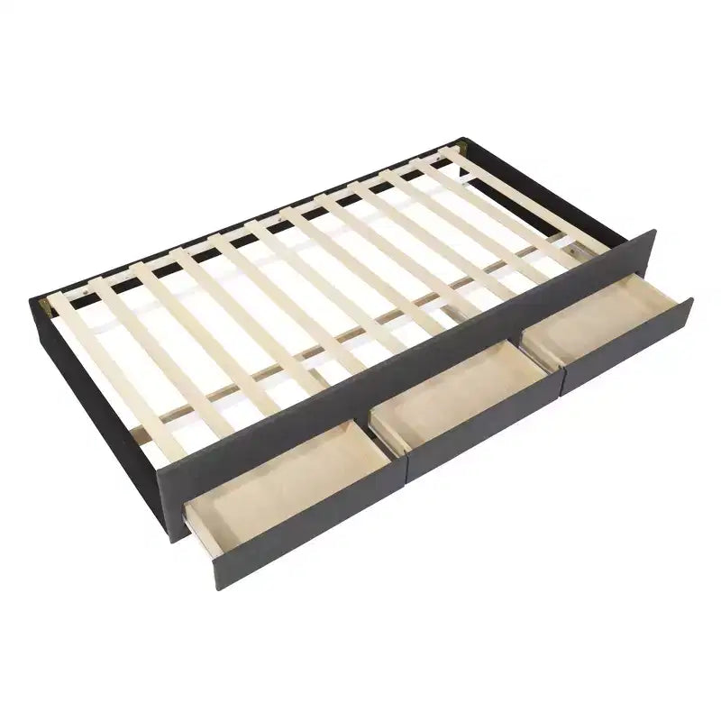 Letto a piattaforma matrimoniale/una piazza e mezza, struttura in legno imbottita con letto estraibile singolo e 3 cassetti - ModernLuxe