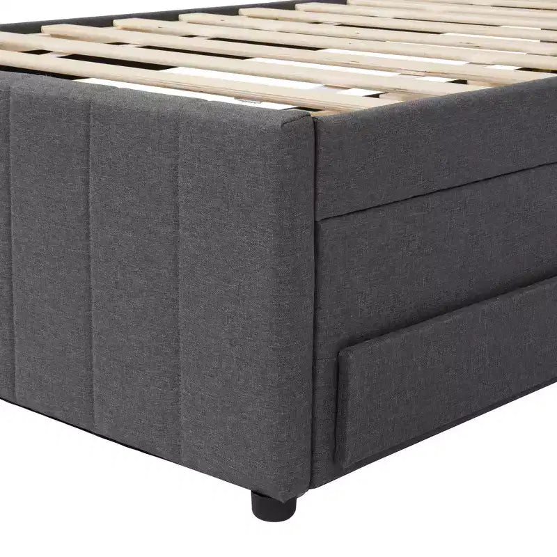 Letto a piattaforma matrimoniale/una piazza e mezza, struttura in legno imbottita con letto estraibile singolo e 3 cassetti - ModernLuxe