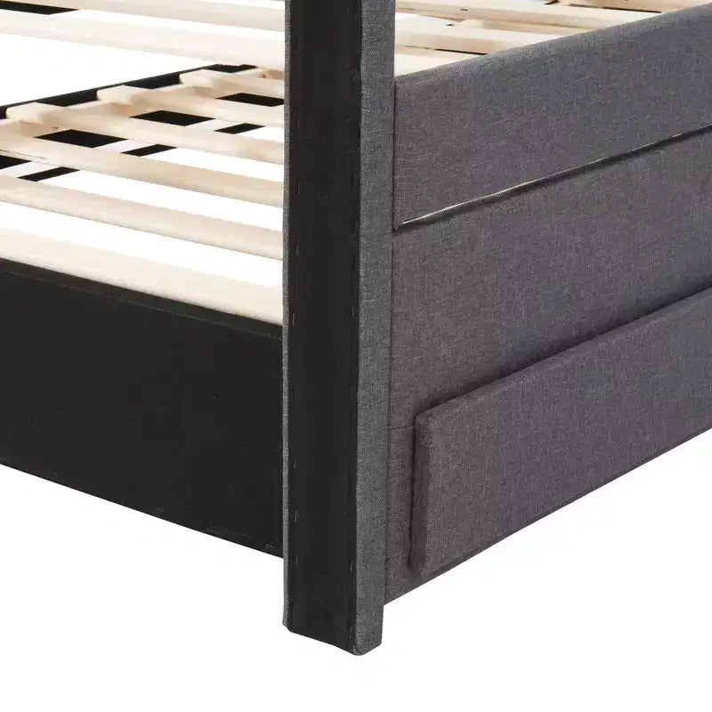 Letto a piattaforma matrimoniale/una piazza e mezza, struttura in legno imbottita con letto estraibile singolo e 3 cassetti - ModernLuxe