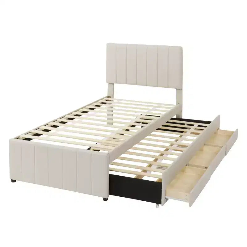 Letto a piattaforma matrimoniale/una piazza e mezza, struttura in legno imbottita con letto estraibile singolo e 3 cassetti - ModernLuxe
