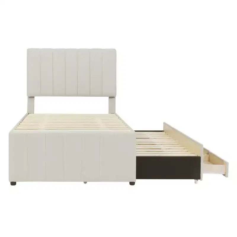Letto a piattaforma matrimoniale/una piazza e mezza, struttura in legno imbottita con letto estraibile singolo e 3 cassetti - ModernLuxe
