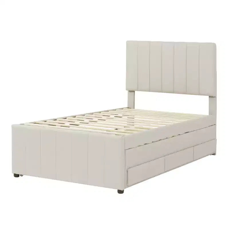 Letto a piattaforma matrimoniale/una piazza e mezza, struttura in legno imbottita con letto estraibile singolo e 3 cassetti - ModernLuxe