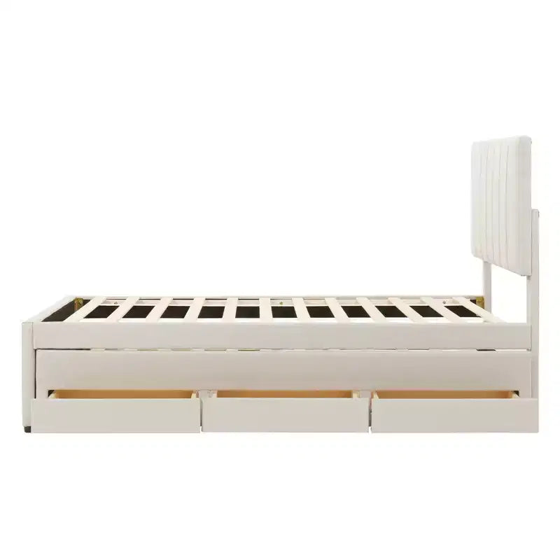 Letto a piattaforma matrimoniale/una piazza e mezza, struttura in legno imbottita con letto estraibile singolo e 3 cassetti - ModernLuxe