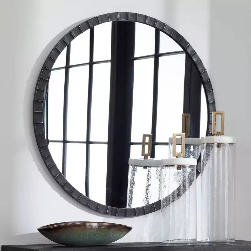 Specchio da parete rotondo Uttermost Accent Vanity, cornice in ferro nero anticato industriale, largo 34 pollici, per bagno, camera da letto, soggiorno, casa