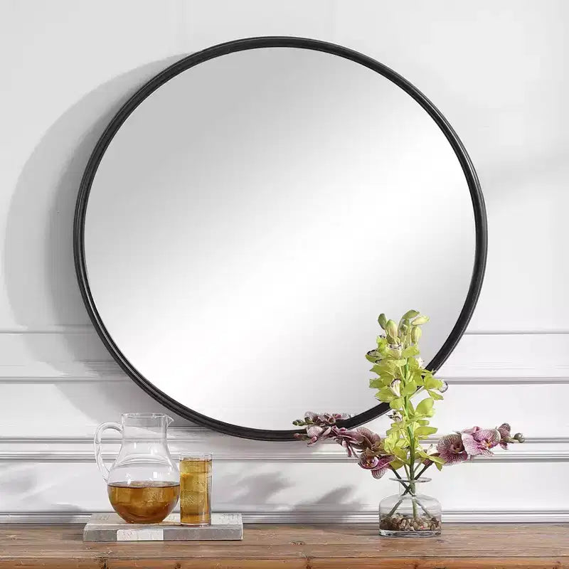 Specchio da parete decorativo rotondo per vanità Uttermost, moderno, in ferro massiccio invecchiato nero satinato, 89 cm di larghezza, per bagno, camera da letto, soggiorno