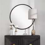 Specchio da parete decorativo rotondo per vanità Uttermost, moderno, in ferro massiccio invecchiato nero satinato, 89 cm di larghezza, per bagno, camera da letto, soggiorno