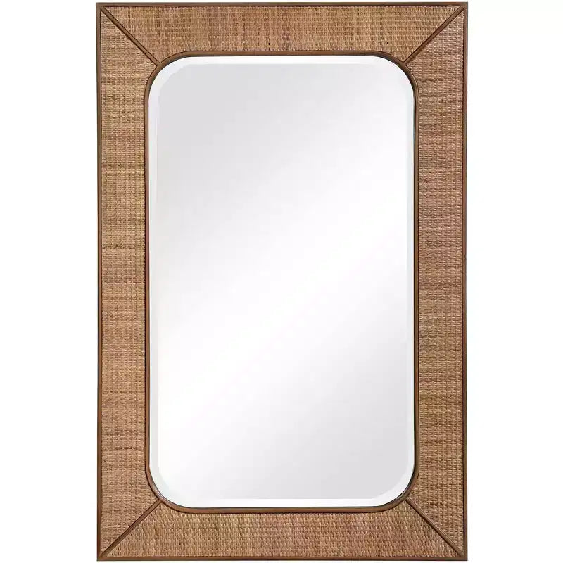 Uttermost Rectangular Vanity Accent Wall Mirror Modern Beveled Maple Stain Rattan Frame 28 Wide for Bathroom Bedroom Living Room