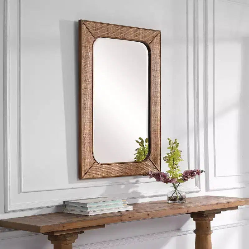 Specchio da Parete Rettangolare Accent Uttermost Moderno con Cornice in Rattan Color Acero con Bordo Smussato, 71 cm di Larghezza, per Bagno, Camera da Letto, Soggiorno