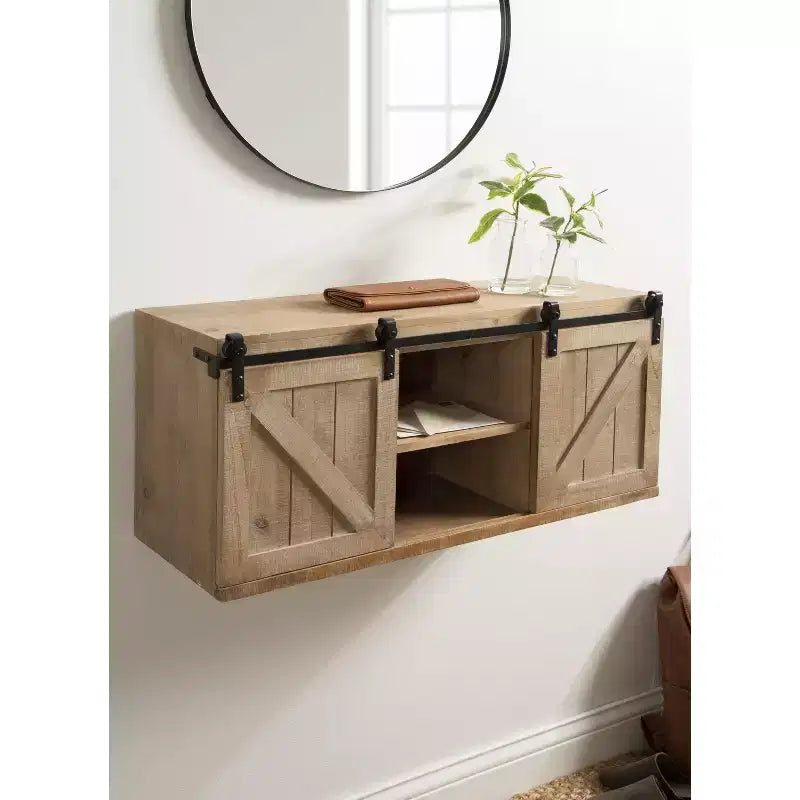 Kate and Laurel Cates Armadietto Decorativo da Parete in Legno con Ante Scorrevoli a Stile Fienile, 30x10x14, Marrone Rustico