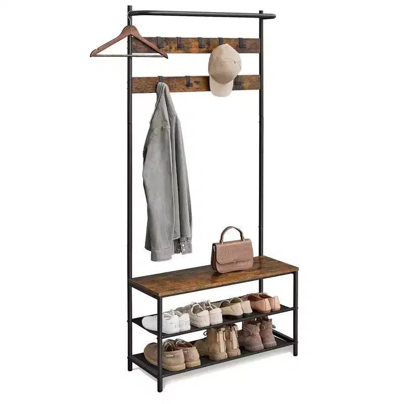 VASAGLE 4-in-1 Coat Rack Hall Tree with Shoe Storage, Entryway Bench Rustic Brown and Black