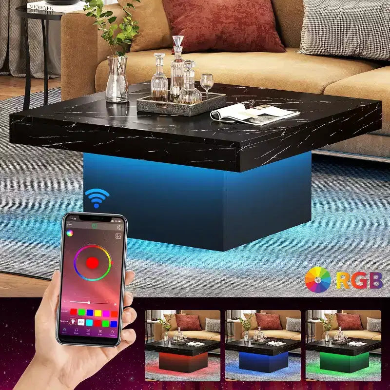 Tavolino da caffè quadrato Lantine Farmhouse con LED, in legno ingegnerizzato