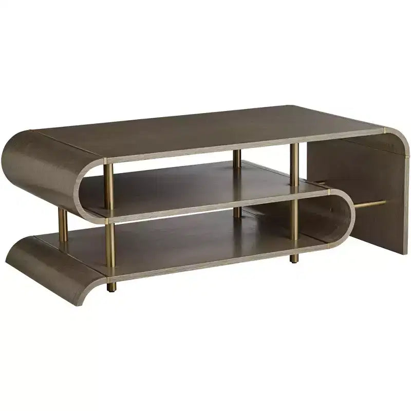 55 Downing Street Lucie Modern Industrial Rectangular Coffee Tables 48 x 24 with 2-Shelf Gray Brass Curving for Living Room Bedroom