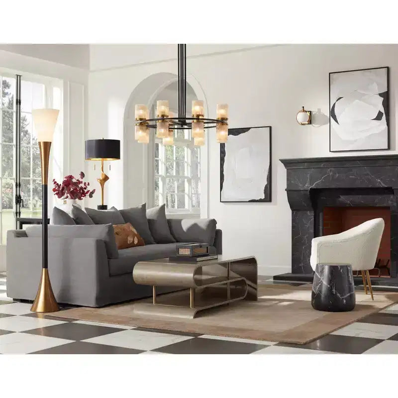 55 Downing Street Tavolini da Caffè Rettangolari Industriali Moderni Lucie 48 x 24 con 2 Ripiani Curvi in Ottone Grigio per Salotto Camera da Letto