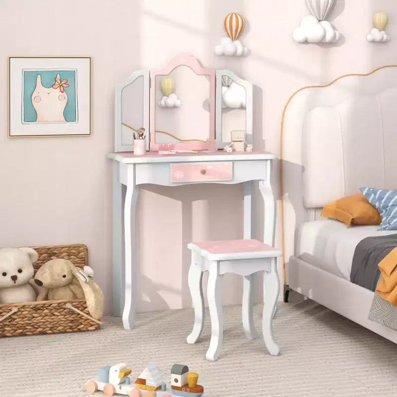 Costway Tavolino da Toilette e Sedia 2 in 1 per Bambini con Cassetto e Specchio Tri-Pieghevole Rimovibile e Sgabello per Bambini Piccoli e Grandi Rosa/Blu