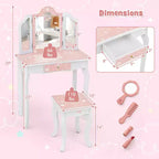 Costway Tavolino da Toilette e Sedia 2 in 1 per Bambini con Cassetto e Specchio Tri-Pieghevole Rimovibile e Sgabello per Bambini Piccoli e Grandi Rosa/Blu