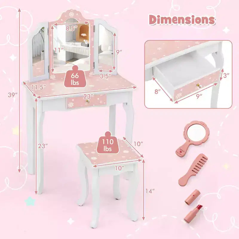 Costway Tavolino da Toilette e Sedia 2 in 1 per Bambini con Cassetto e Specchio Tri-Pieghevole Rimovibile e Sgabello per Bambini Piccoli e Grandi Rosa/Blu