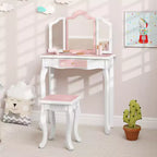 Costway Tavolino da Toilette e Sedia 2 in 1 per Bambini con Cassetto e Specchio Tri-Pieghevole Rimovibile e Sgabello per Bambini Piccoli e Grandi Rosa/Blu