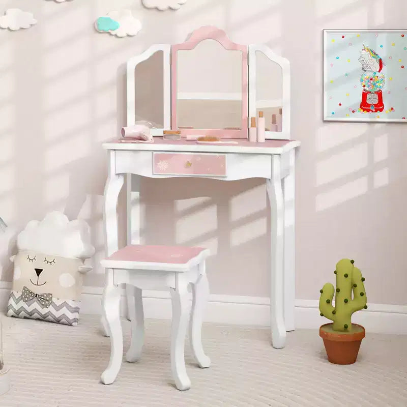Costway Tavolino da Toilette e Sedia 2 in 1 per Bambini con Cassetto e Specchio Tri-Pieghevole Rimovibile e Sgabello per Bambini Piccoli e Grandi Rosa/Blu