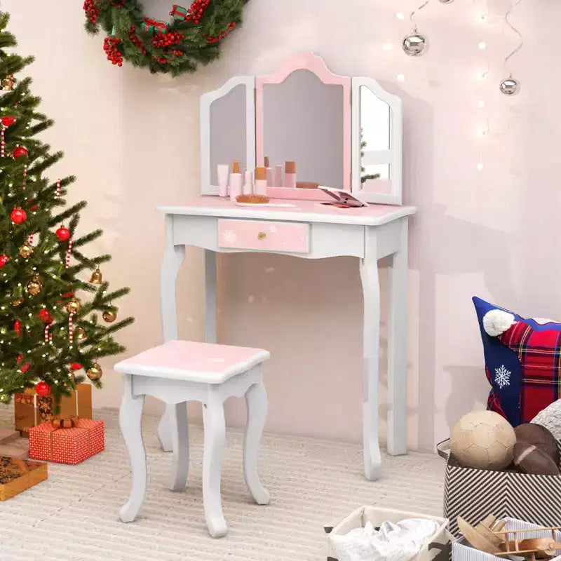 Costway Tavolino da Toilette e Sedia 2 in 1 per Bambini con Cassetto e Specchio Tri-Pieghevole Rimovibile e Sgabello per Bambini Piccoli e Grandi Rosa/Blu